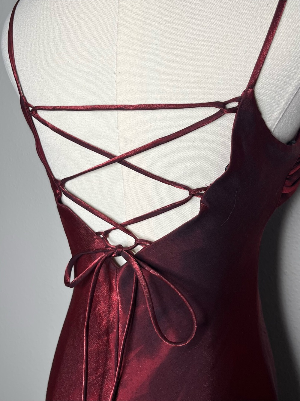 90s Vintage Blondie Nites Burgundy Cowl Neck Lace Up Back Evening Gown Dress - Picture 6 of 8